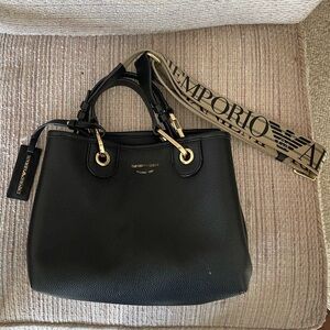 Emporio Armani Black Shoulder Bag with Gold Accents